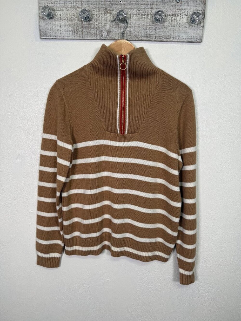 J.Crew Tan & White Striped Cotton Half-Zip Ribbed Sweater Old Money Medium